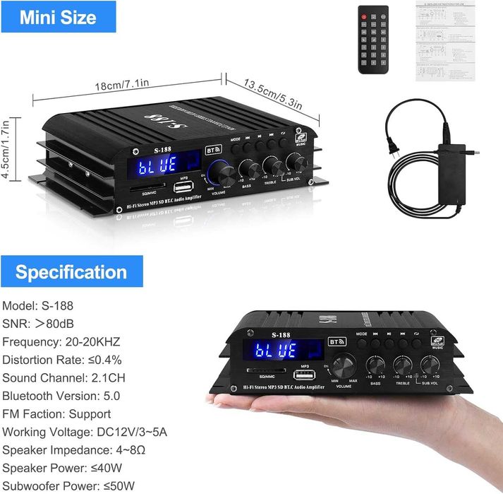 Amplificator audio Bluetooth S188 2.1CH 40Wx2+50W ieșire subwooferHiFi