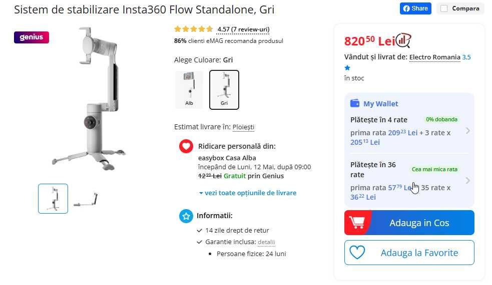 Sistem de stabilizare / gimbal smartphone Insta360 Flow, garantie