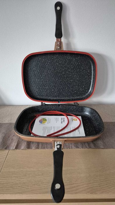 Tigaie grill dubla HomeVero HV-DP36M, 36 cm, Acoperire Marmura, Bronz