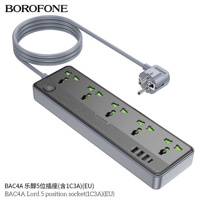 Borofone BAC4A Lord Сетевой фильтр 5 розетками и USB-портами EU/GER