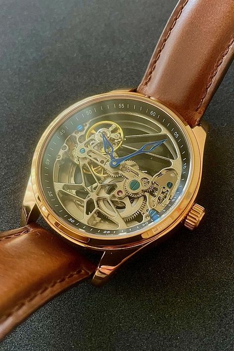 Flywheel Bridge Movement Automatic Mechanical Watch Rose Gold Red