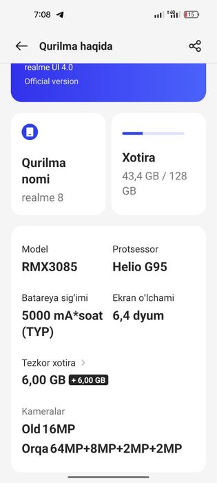 Realme 8 6+6 128 sotiladi yoki abmen