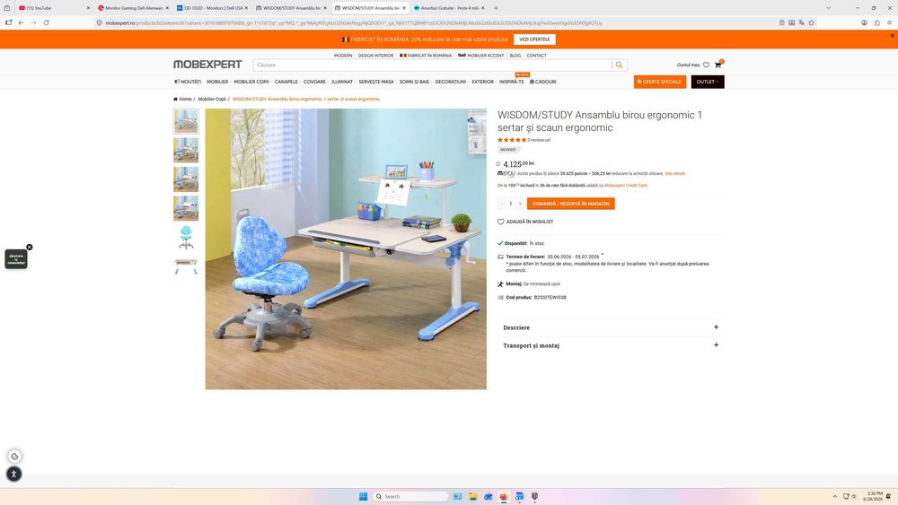 Birou si scaun ergonomic copii WISDOM/STUDY reglabil inaltime, cu sertar Mobexpert