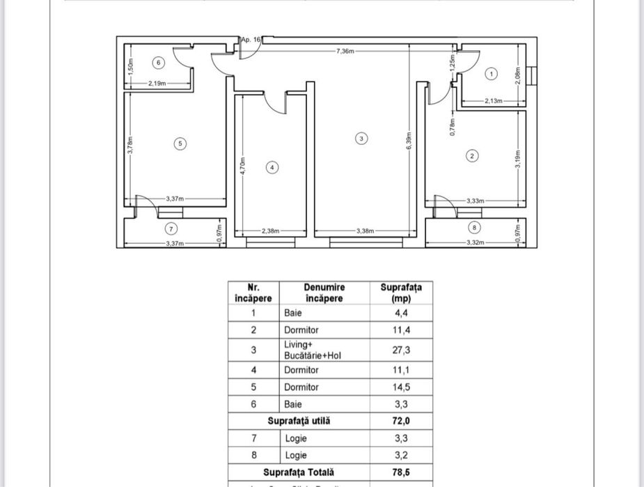 4 camere, 2 bai, 2 balcoane etaj 1 bloc nou