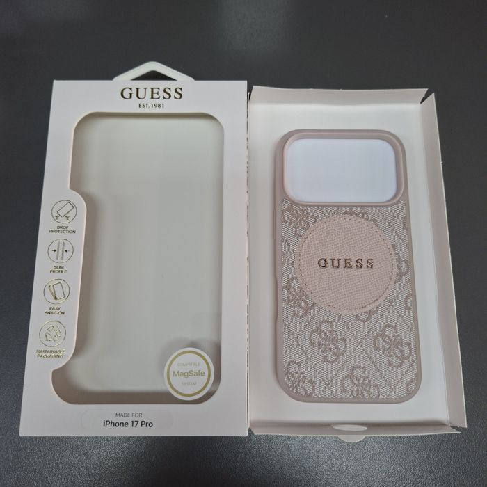 Твърд кейс лого  Guess за iPhone 18 Pro 17 Pro гръб с кожен розов дизайн