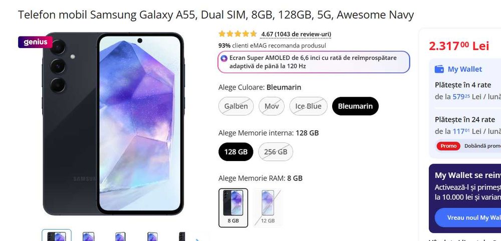 Telefon mobil Samsung Galaxy A55, Dual SIM, 8GB, 128GB, 5G, Awesome Navy