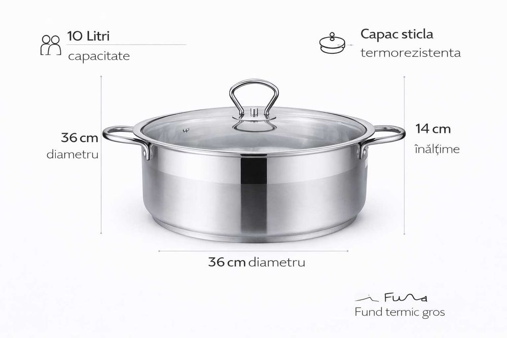 Cratita inox Royalty Line 10L cu capac din sticla 36x14 cm