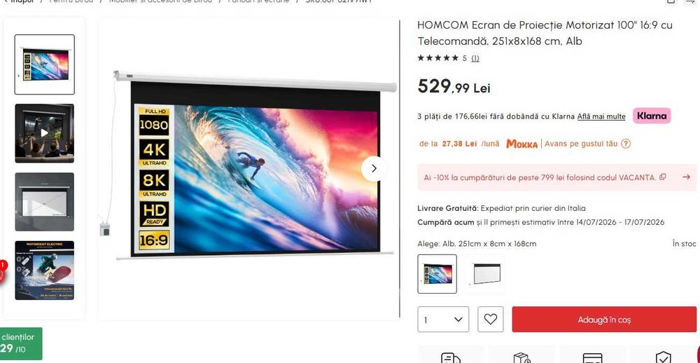 HOMCOM Ecran de Proiecție Motorizat 100" 16:9 cu Telecomandă, 251x8x168 cm, Alb. Este nou si sigilat.