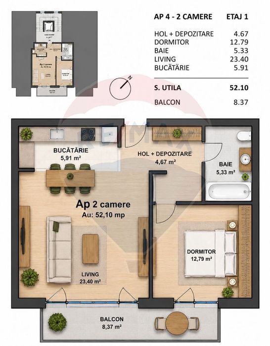 Apartament cu 2 camere de vânzare semicentrală - Mărăști