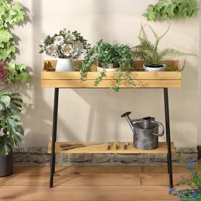 Бамбуков цветарник с рафт и метална рамка