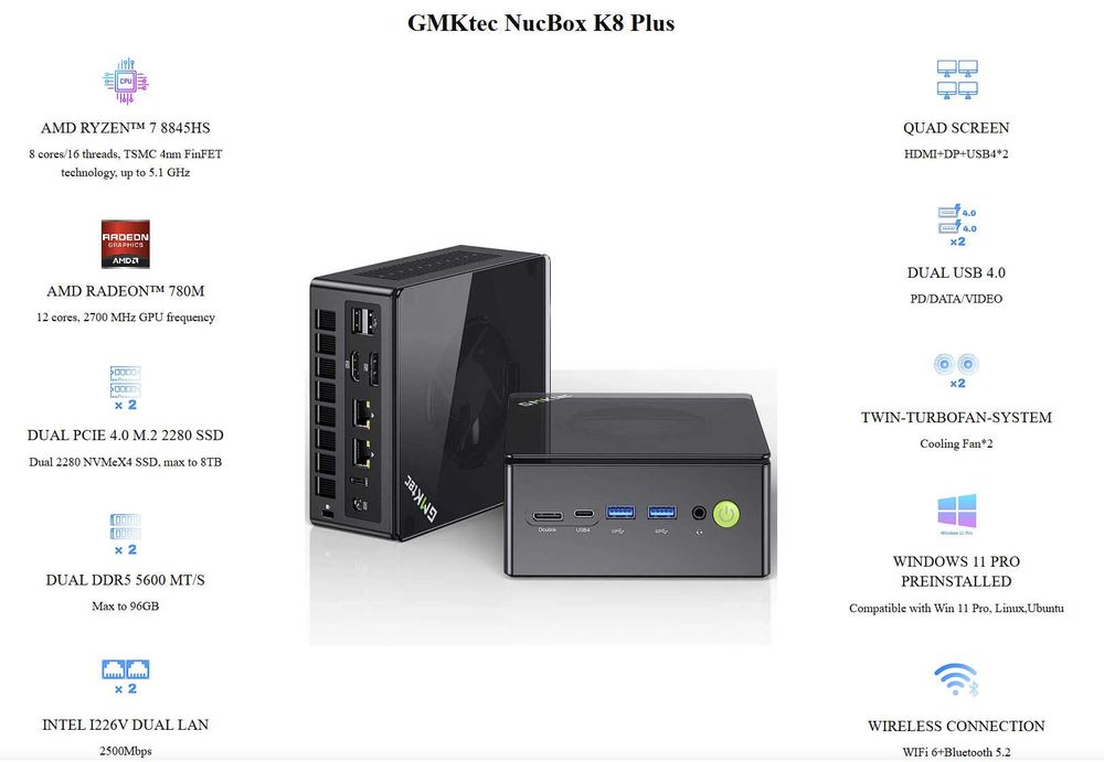 Mini PC GMKtec K8 Plus Ryzen 7-8845HS Barebone fara RAM SSD