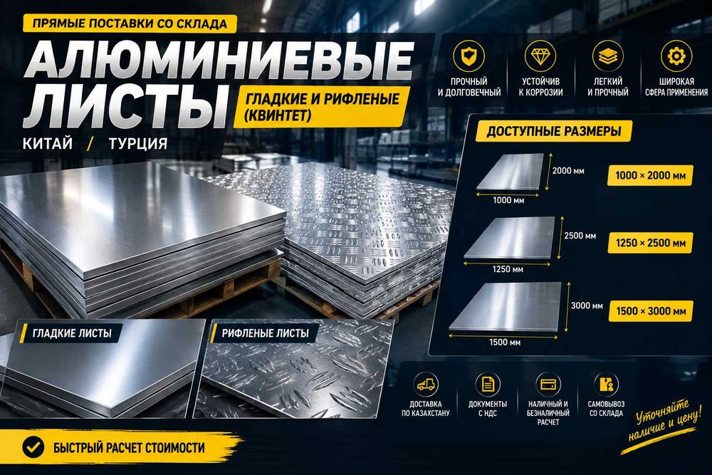 Алюминиевые листы гладкие и рифленые (Квинтет) со склада