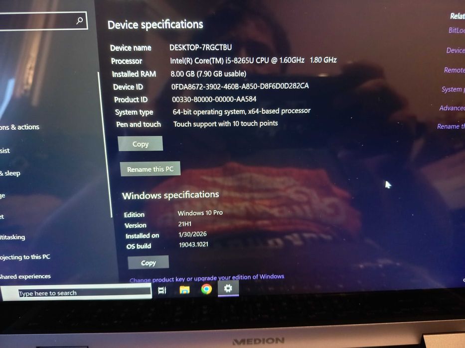 Placa baza laptop Medion, Core i5 8265u + display touchscreen + 8gb ddr4 + carcasa si tastatura iluminata
