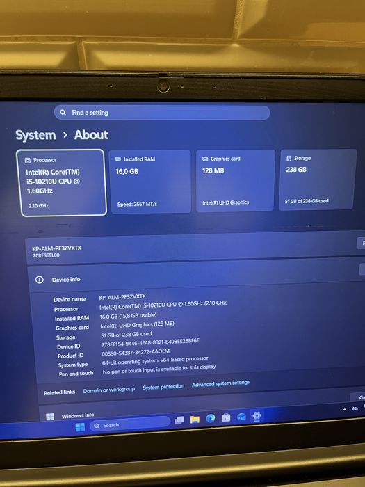 Laptop Lenovo ThinkPad E15 i5 gen 10 16GB RAM 256GB SSD 15.6 inch