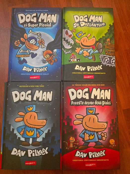 Colectia "Dog Man", de David Pilkey, vol 1-4: Dongman si super pisoiul, Dogman se dezlantuie, Dogman Poveste despre doua pisici, Dogman