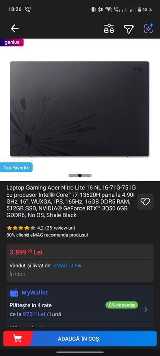 Acer Nitro 16 Gaming - i7 Gen 13, RTX 3050 6GB, 165Hz - Garanție 2027