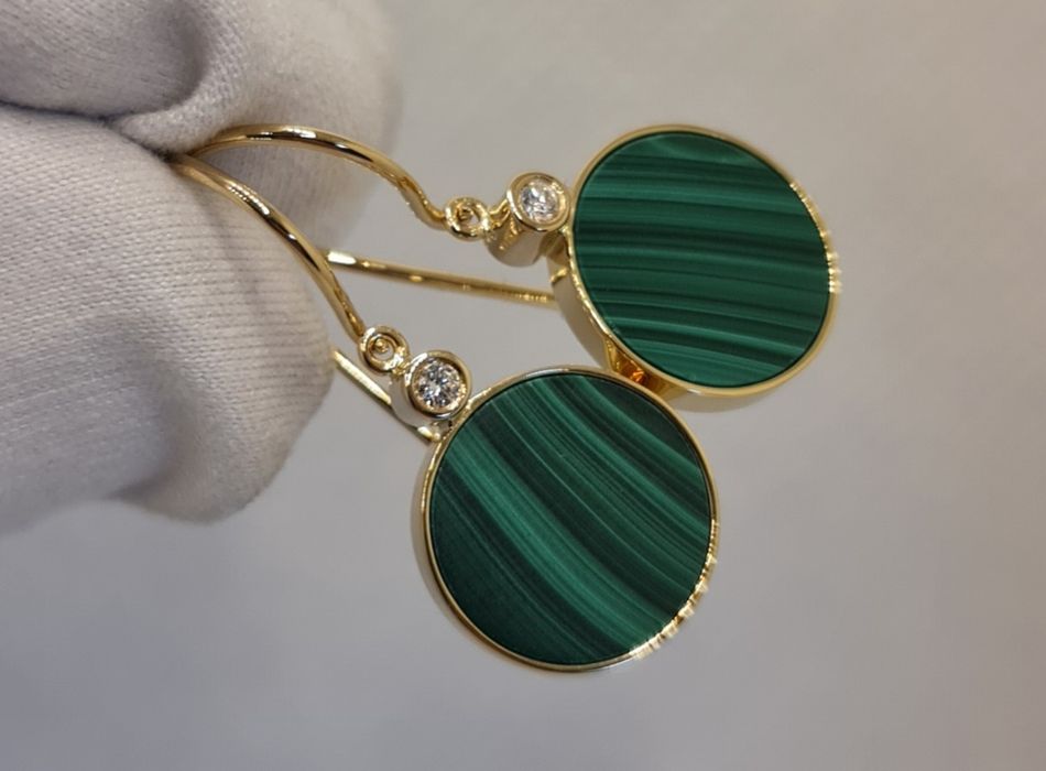 Cercei aur 14k diamante malachit natural