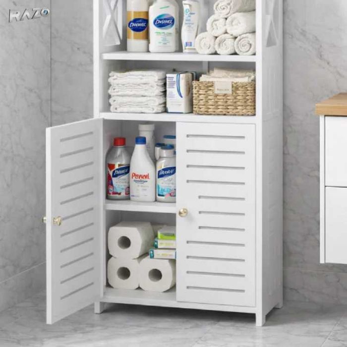 Dulap dublu depozitare baie  Rafturi superioare Dulap inferior cu 2 usi Mobilier modern 40x25x90 cm Alb