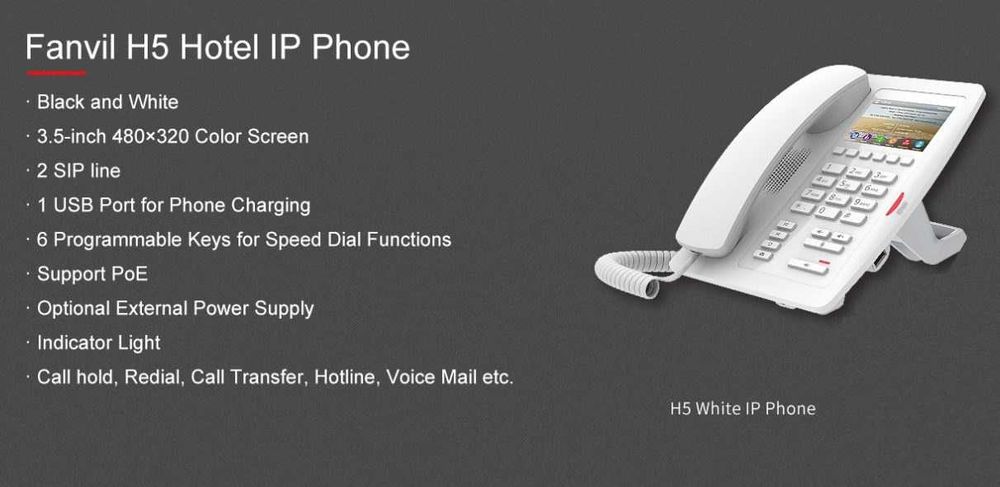 Telefon IP Fanvil hotel H5, ecran LCD 3,5", memorie interna 16MB ALB