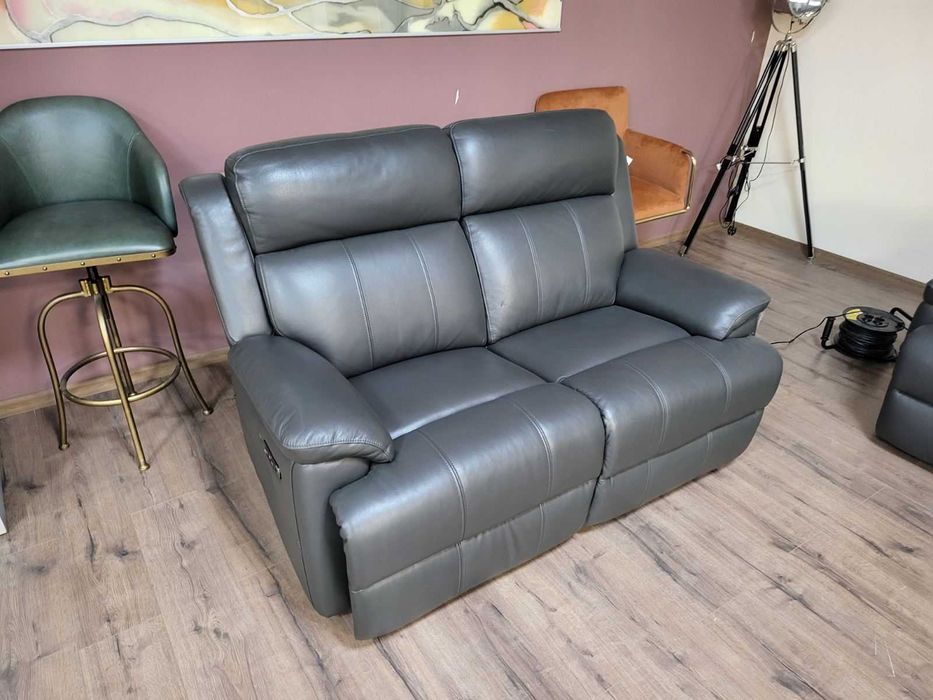 Тъмно сиви кожени дивани тройка и двойка с ел. релакс механизъм