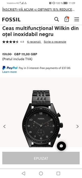 Vand Ceas FOSSIL wilkin NOU din otel inoxidabil Negru