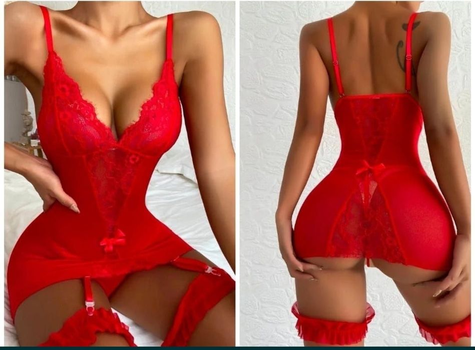 Costum Sexi cu portjartiere și Tanga, rosu sau negru Lenjerie Sexy