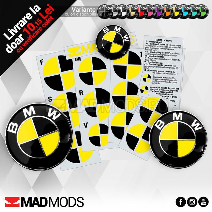 Set Stickere Embleme Negru cu Galben BMW Seria 1 2 3 4 5 6 7 8 X i M