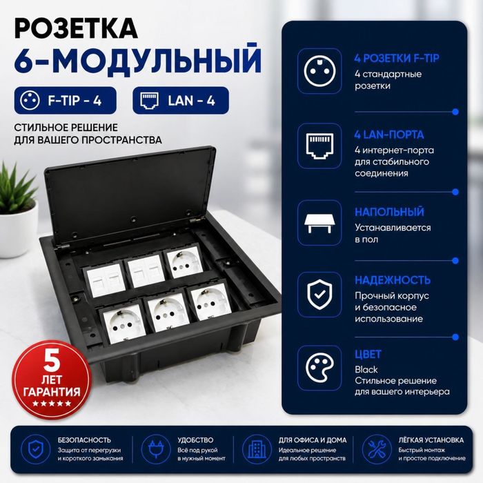 Розетка встраиваемая Лючок Socket Наполная врезная HDMI USB RJ45 сеть