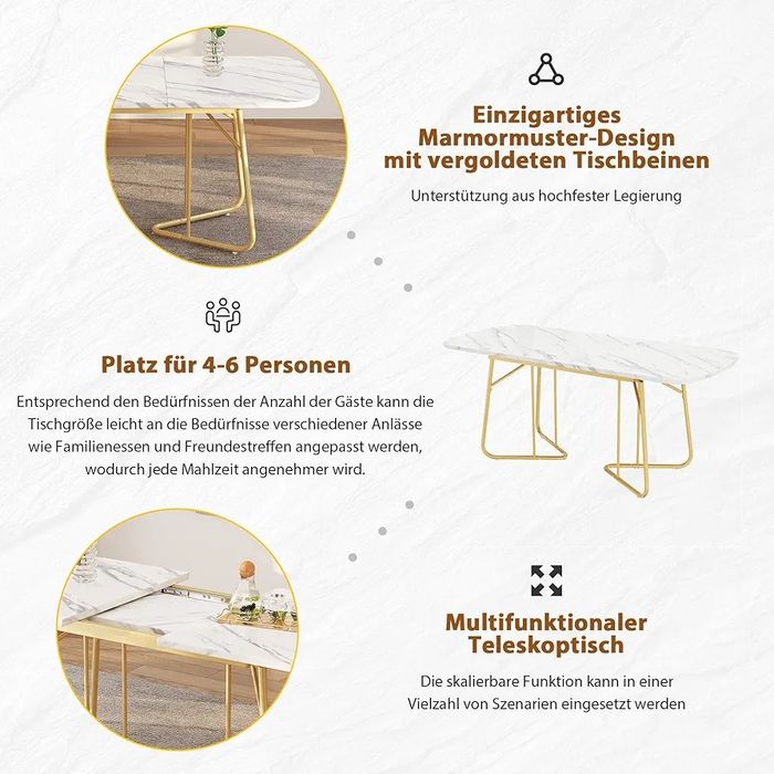 NOU Masă extensibilă, alb - marmoroptik, 140-180cm