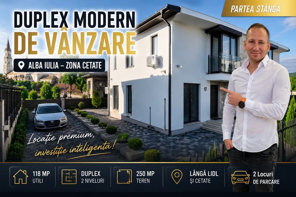 DUPLEX MODERN DE VÂNZARE în ALBA IULIA | 118 m² utili | 250 m² teren | Aproape de CETATE