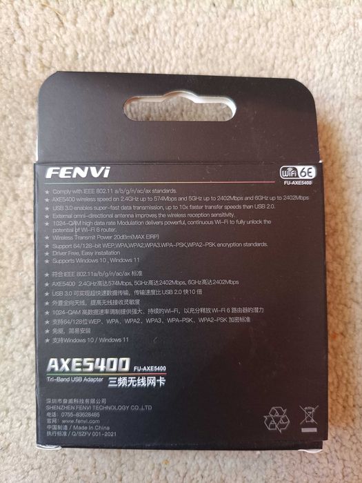 Adaptor Wireless FENVI AX5400 Wi-Fi 6E USB3.0 Tri-Band 2.4/5/6 GHz 5400 MB/s Laptop & PC Win10/11 Driver Free - NOU / SIGILAT
