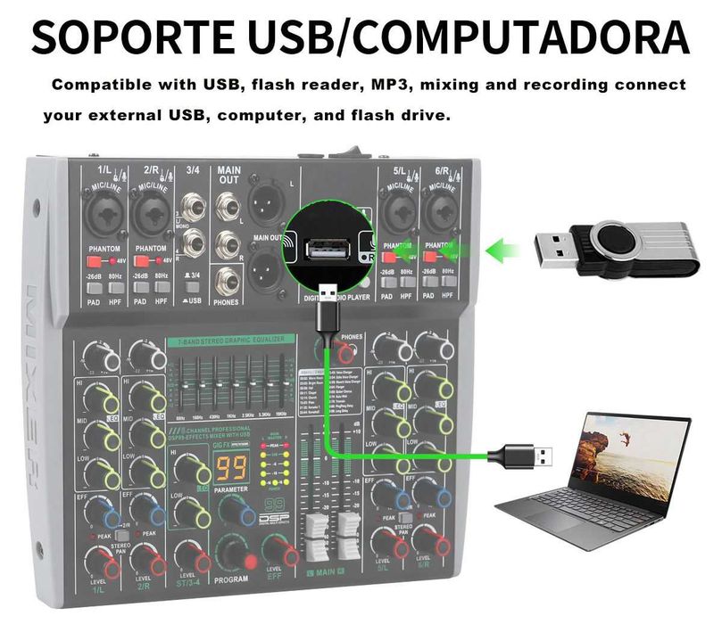 Pasiv mixer audio 6 canale AK6 Stereo canal 99 Efecte digitale DSP USB Bluetooth Egalizator 7 benzi