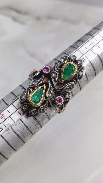 Inel din aur de 14K cu diamante naturale, ametist și smaralde M 60,5