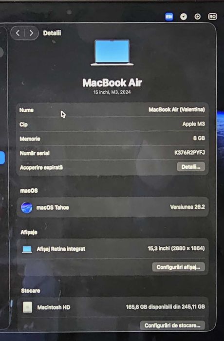Apple MacBook Air 15" cu procesor Apple M3, 8GB, 256GB SSD