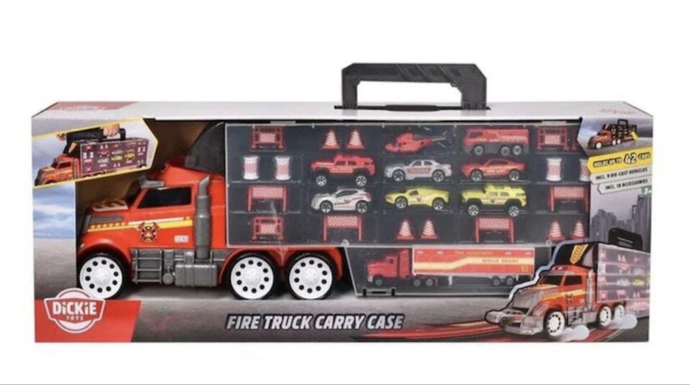 София/Пловдив/Плевен Камион пожарникарски или полицейски Dickie Toys, Включва 9 коли и 18 аксесоара, Червен или син