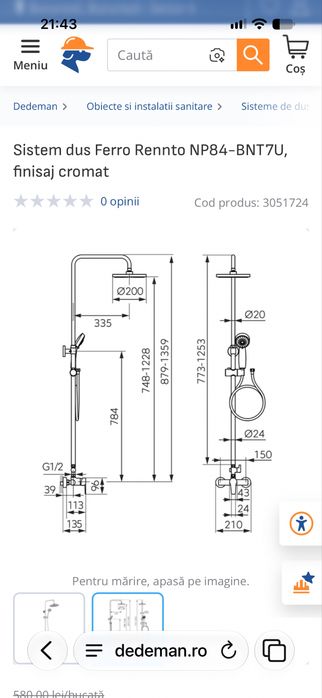 Vand coloana dus Ferro Rennto NP84-BNT7U, finisaj cromat