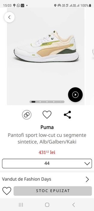 Puma, Pantofi sport low-cut, Alb cu Galben si Kaki, Nr. 44, Nou