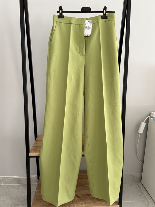 Дамски панталон с лен Mango зелен размер М
