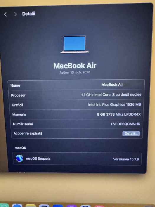 Vând Laptop Apple MacBook Air 13 (2020) ecran Retina, procesor Intel® Core™ i3 1.1GHz, 8GB, 256GB SSD, Intel Iris Plus Graphics, Gold, INT KB