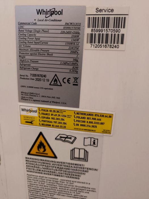 Мобилен КЛИМАТИК Whirlpool PACW212CO. 12000 BTU. ПРЕНОСИМ. КЛАС A.