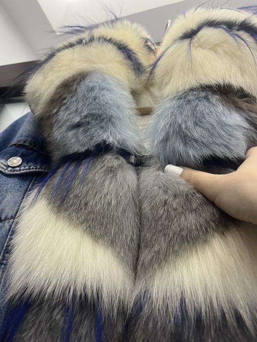 Geaca Dilvin Denim cu Blana Naturara de Vulpe- Detaşabilă