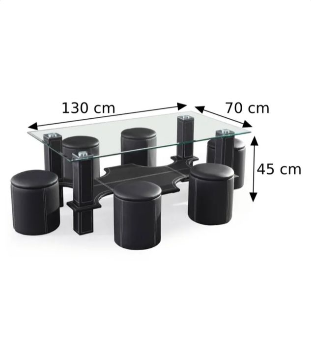 Masa sticla pe suport de piele cu 6 taburete