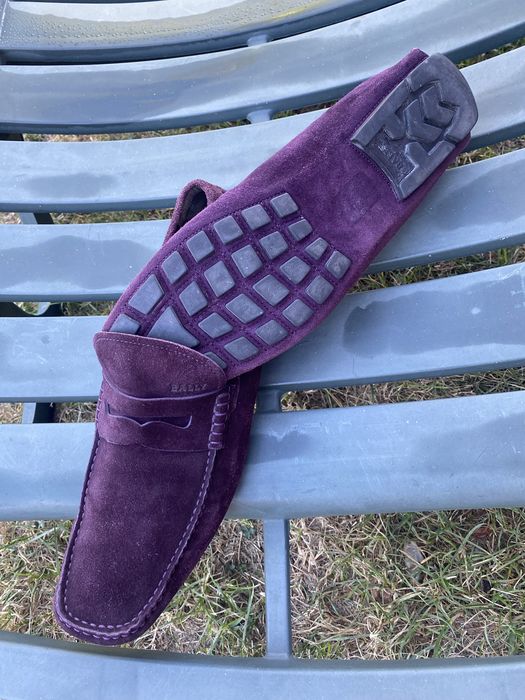 Mocasini lux BALLY bărbați piele întoarsă prună cu/burgundy – Mărimea 45 (31 cm)