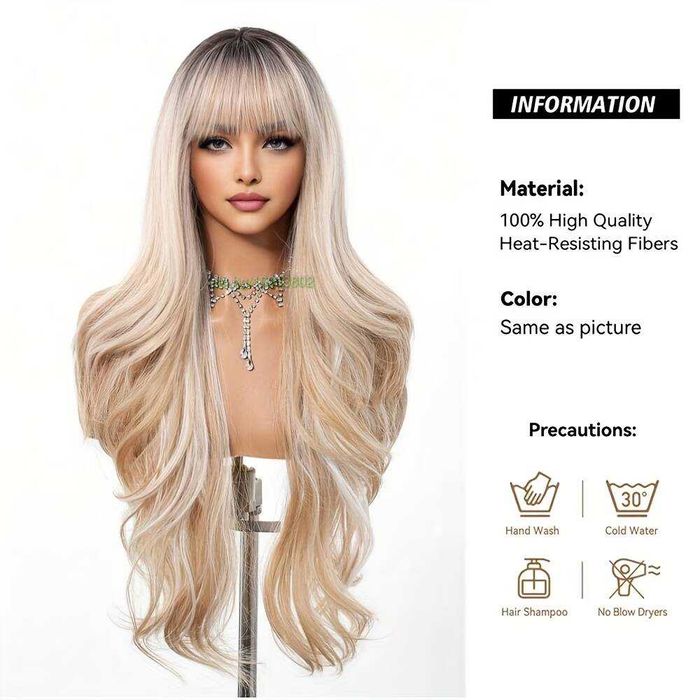 Ефектна руса перука с омбре преливане, тъмни корени и бретон