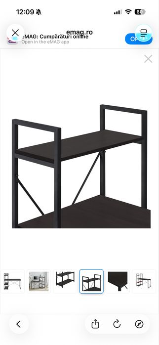 Birou cu rafturi Stavanger, 122 x 120 x 64 cm, metal/PAL, negru/efect lemn de nuc