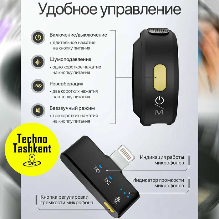 Беспроводной микрофон Tech-X Aura Lite, универсальный, 2-в-1