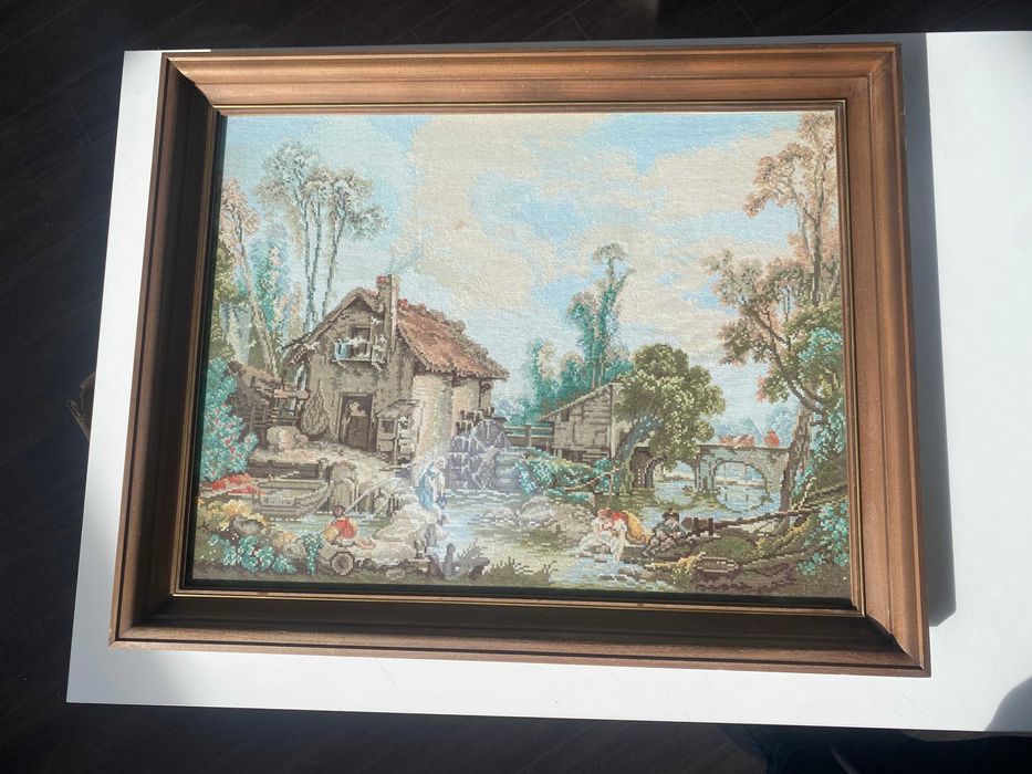 Ръчно ушит гоблен ,,Воденицата на Буше", рамкиран в луксозна рамка (81.5х65.5см)