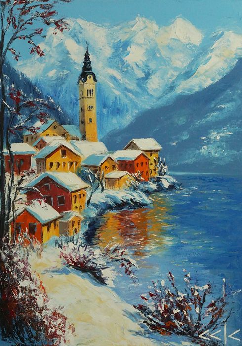 "Слънчева зима" Картина 70х50см, Маслена живопис с шпакла