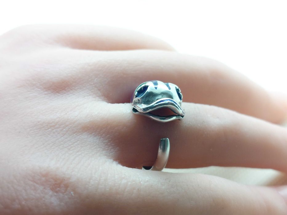 Inel din argint 925 reglabil, cu email albastru-verde, motiv pește