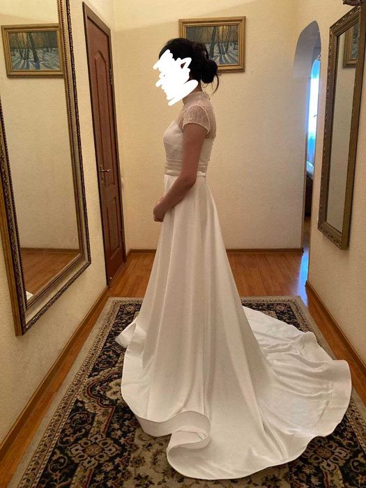 Элегантное свадебное платье (Атлас + Кружево) со шлейфом